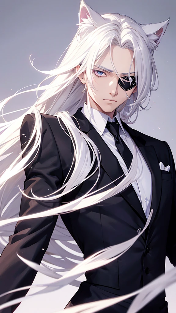 Anime style image of a man with long blonde hair wearing a black suit and white shirt, purple eye, a character portrait inspired by Yamagata Hiro, pixiv, what is?, delicate androgynous prince, black skin, cat ears, black skin, black face, guapo drow, beautiful androgynous prince, Johan Liebert mixed with Alucard, handsome boy with eye patch, handsome anime man