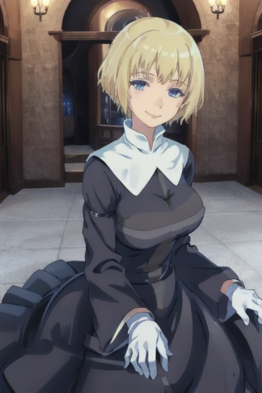 Solo, 1girl, orsolaAquinas, smile, short hair, blue eyes, blond hair, long sleeves, black dress, long skirt, medium breasts, white gloves, nun, habit, nun veil,Masterpiece, Best Quality, 