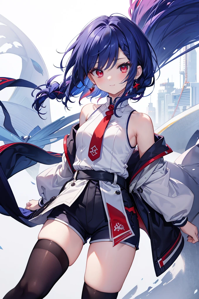 {{masterpiece}}, The best quality of life, 、((short indigo hair、Deep blue hair)Braided Hair) 、 Cute female, 、One woman、(((Crimson Eyes、Red eyes、Red eyes)))、Expressionless adult woman、((White background))、small but well-shaped breasts,、(((Sleeveless with white high neck、Black short hot pants、Knee-high socks)))、smile、Small earrings
