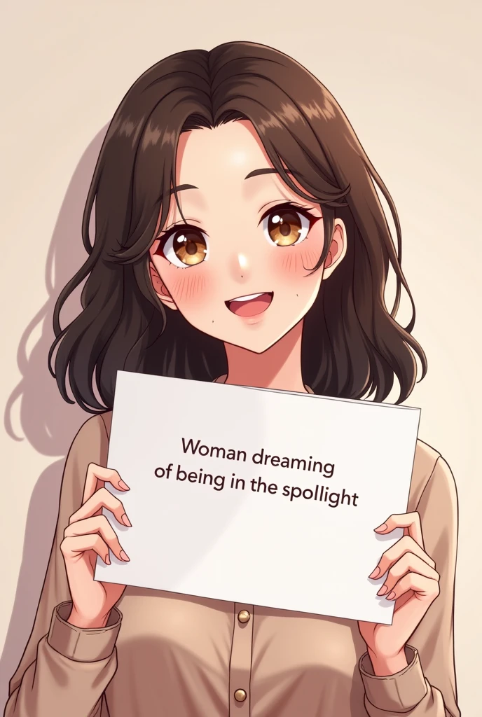 A beautiful and cute woman holding up a sign "A beautiful and cute woman holding up a sign "Woman dreaming of being in the spotlight", Joyful, Happy, Anime illustration, Realistic, ",