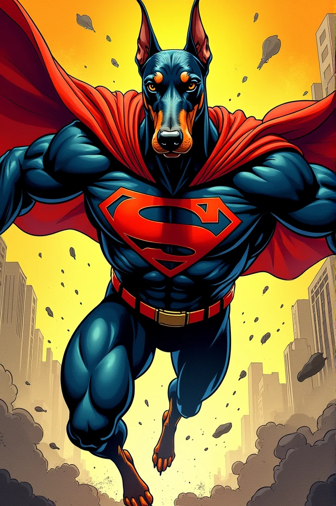 Doberman superhero comic book style named jellybean