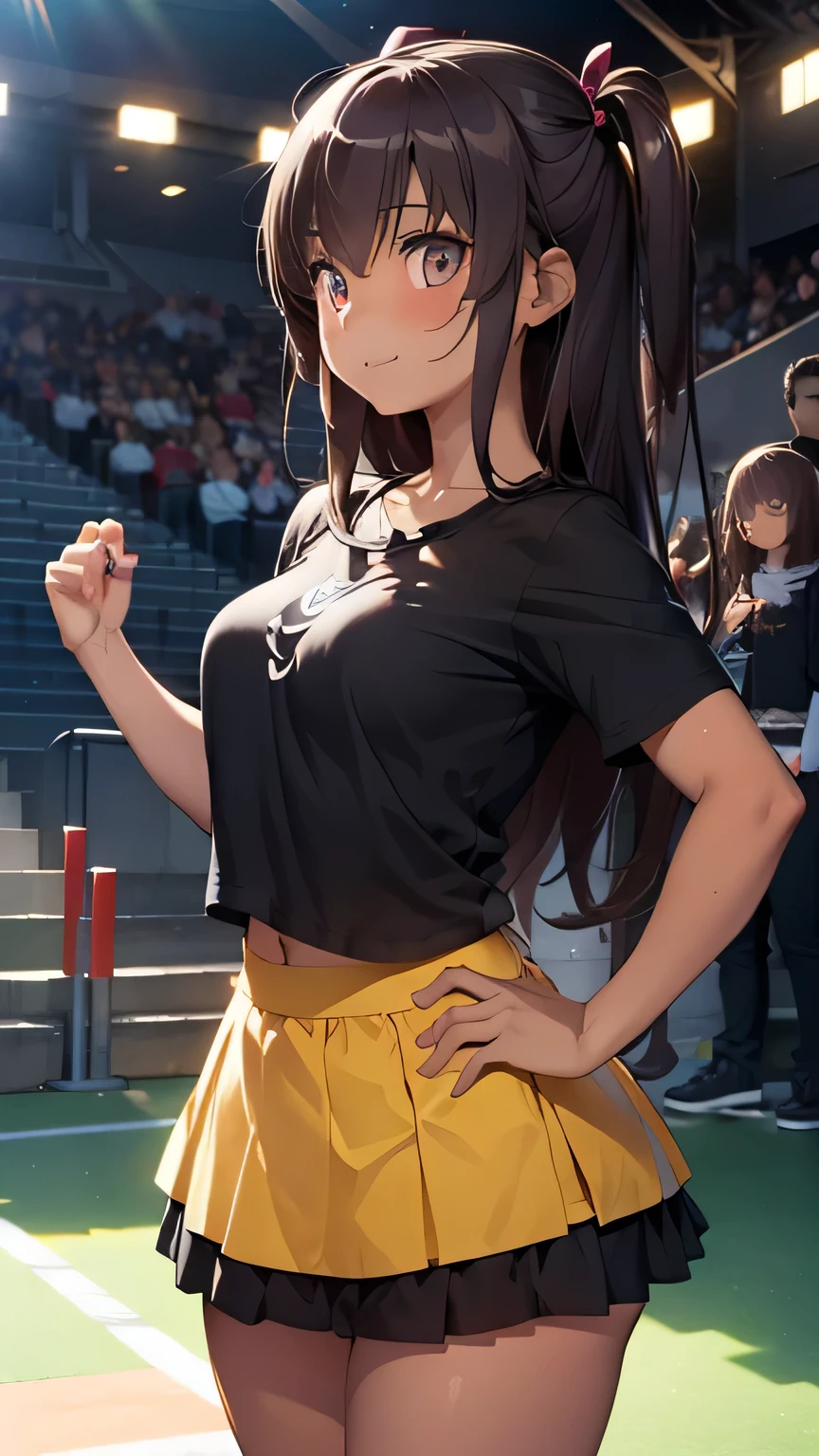 (Very detailed CG Unity 8k 壁紙),(masterpiece), (Highest quality), (Very detailed), (Best illustrations),(Best Shadow), Large Breasts、1 girl, Cheerleader、Chia Costume、cheer mini skirt、Dance cheerfully、Stadium、A large audience