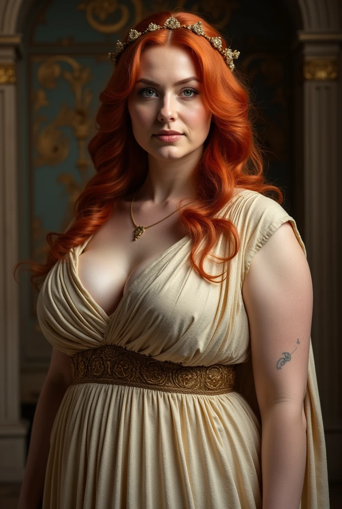 big and sexy redhead woman in ancient greek dress, with generous shapes. 