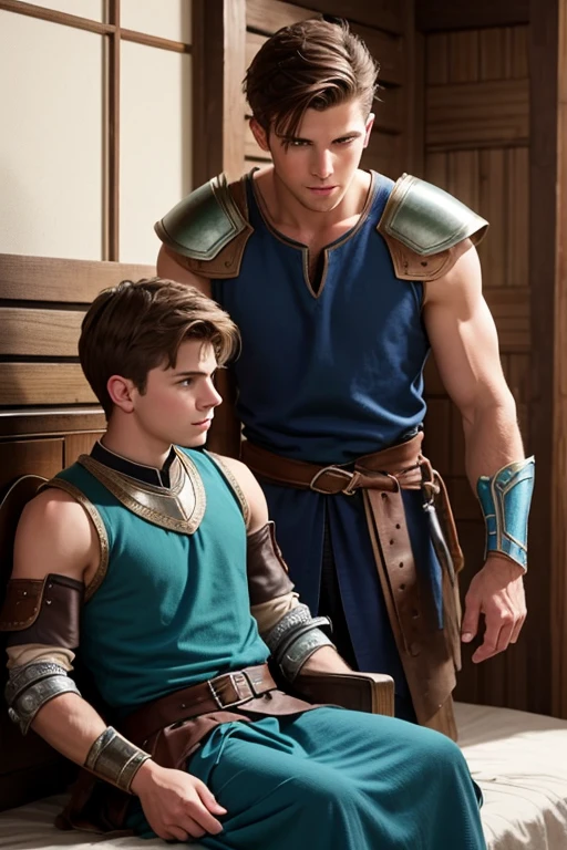 Photo-realistic. A pleased, 16-year-old, handsome, muscular Caucasian man with fade-cut, brown hair, and blue eyes, wearing shabby, sleeveless, leather armor, with metal shoulder guards, boasting, as he tells a dramatic story to a 15-year-old, lean, Caucasian peasant man, with short, brown hair, and blue eyes, in a blue and green tunic, listening in wonder, sitting next to each other on a simple bed, in a rustic inn room, at night.