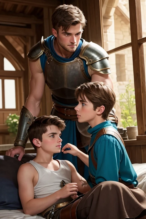 Photo-realistic. A pleased, 16-year-old, handsome, muscular Caucasian man with fade-cut, brown hair, and blue eyes, wearing shabby, sleeveless, leather armor, with metal shoulder guards, boasting, as he tells a dramatic story to a 15-year-old, lean, Caucasian peasant man, with short, brown hair, and blue eyes, in a blue and green tunic, listening in wonder, sitting next to each other on a simple bed, in a rustic inn room, at night.