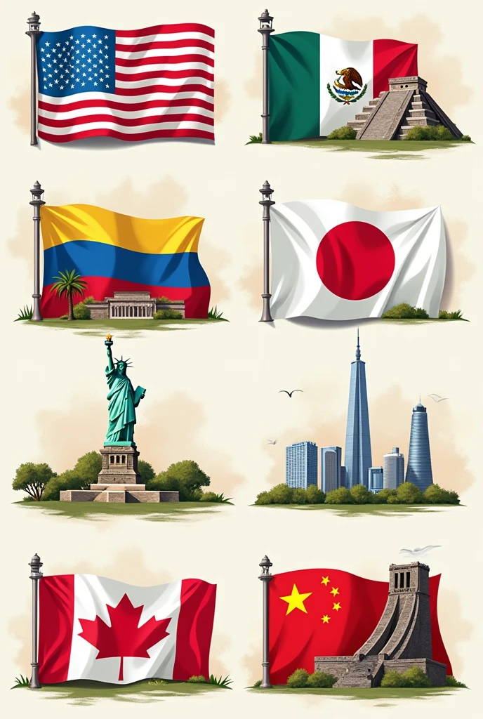 Give me a poster to teach countries in English with US flags, Mexico, Honduras, Japan, colombia, Canada , China and monuments representing each country represented on the flags