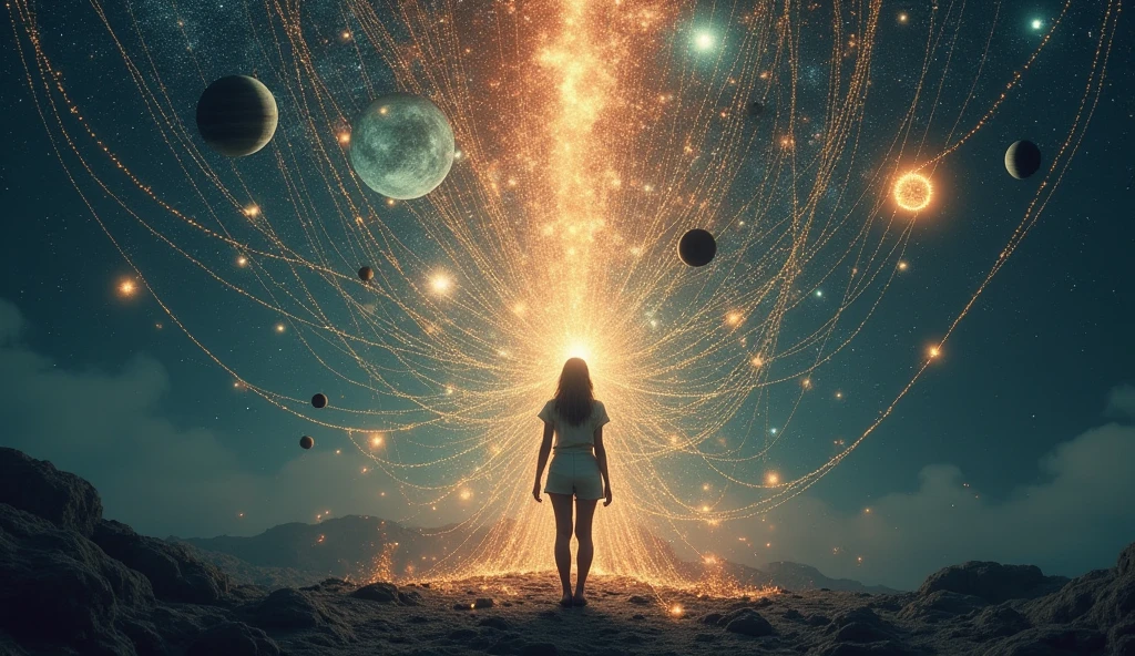 A surreal image of a person surrounded by ethereal, glowing threads connecting them to stars, planets, and zodiac signs above. The threads pulse with energy, symbolizing the unseen forces shaping their destiny. The person stands in a meditative pose, embracing the connection. -ar 16:9