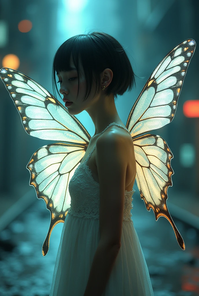 editorial photography,super detailed background,Super realistic,double exposure,depth of field,beauty skinny young angel vibes,soft focus white tone,narrative scene,open lips,Super short straight hairstyle,bright swallowtail butterfly huge wings,from directly below,Futuristic decadent cyberpunk urban,Scattered scales,at midnight,