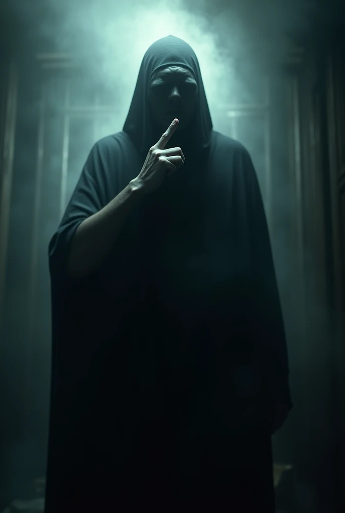 Create an image of a scary man, with a blurry face making a whisper sign