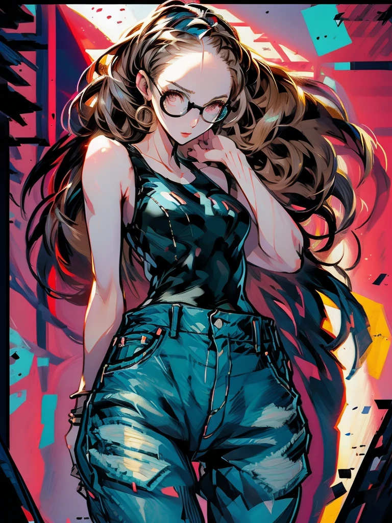 ((chibi)), big head, focus face, in the art style of persona5, (masterpiece:1.2, highest quality), (Realistic, photoRealistic:1.4), Beautiful illustrations, (Natural Side Lighting, Cinema Lighting), Written boundary depth, Beautiful thighs staring at the viewer, 1 female, 20-year-old, alone, thin, slender, (small breasts), long Hair, curly Hair, Forehead, Forehead, Forehead, Forehead, thin, slender, glasses, ((white tight tank top, Distressed denim pants, low rise baggy pants)), Are standing