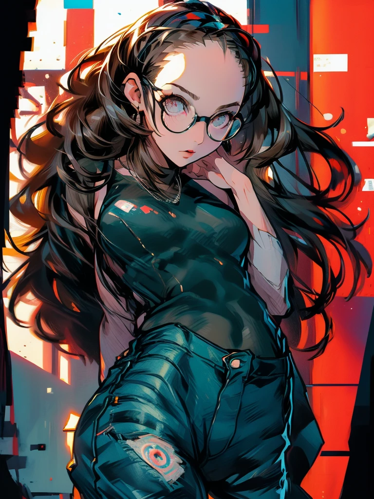 ((chibi)), big head, focus face, in the art style of persona5, (masterpiece:1.2, highest quality), (Realistic, photoRealistic:1.4), Beautiful illustrations, (Natural Side Lighting, Cinema Lighting), Written boundary depth, Beautiful thighs staring at the viewer, 1 female, 20-year-old, alone, thin, slender, (small breasts), long Hair, curly Hair, Forehead, Forehead, Forehead, Forehead, thin, slender, glasses, ((white tight tank top, Distressed denim pants, low rise baggy pants)), Are standing