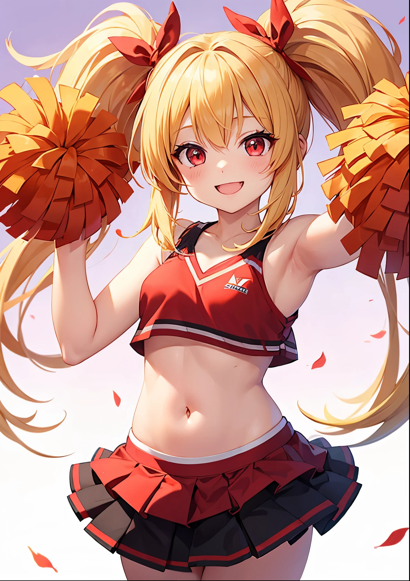 One girl, smiling, big mouth smile, droopy eyes, cheerful expression, big eyes, blond twin-tail hair, red ribbon, small breasts, cheerleader, moe logo on chest, cheering for baseball, holding a bonbon, 5 fingers, both hands, quality fingers, focus on face, from front, red eyes, no shadow on background, high quality, no shadow on background high quality
