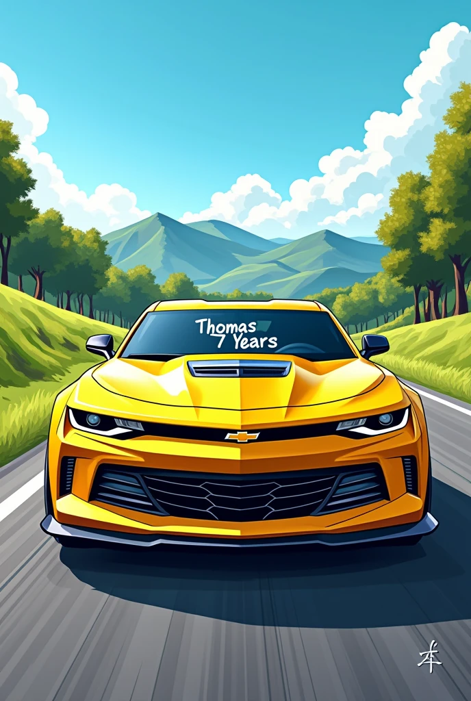 A dashboard A yellow Camaro car, in a landscape In drawing, on the sign write Thomas 7 Years
