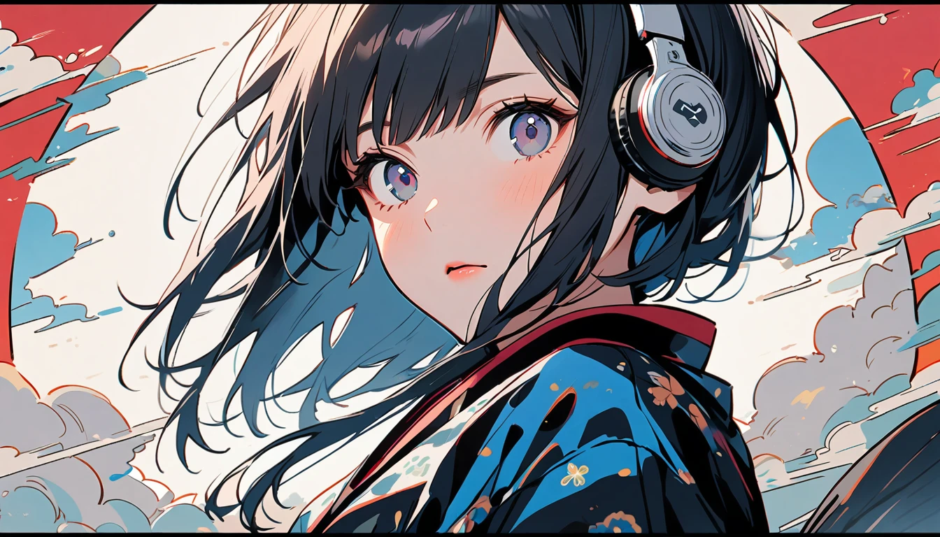 (((1 girl))), (((from below))), (((rock punk))), (((Very fancy kimono))), Japanese style headphones, face close-up, Japanese courtesan, Black Hair, Delicate and precise, Modern ukiyo-e style, vivid color