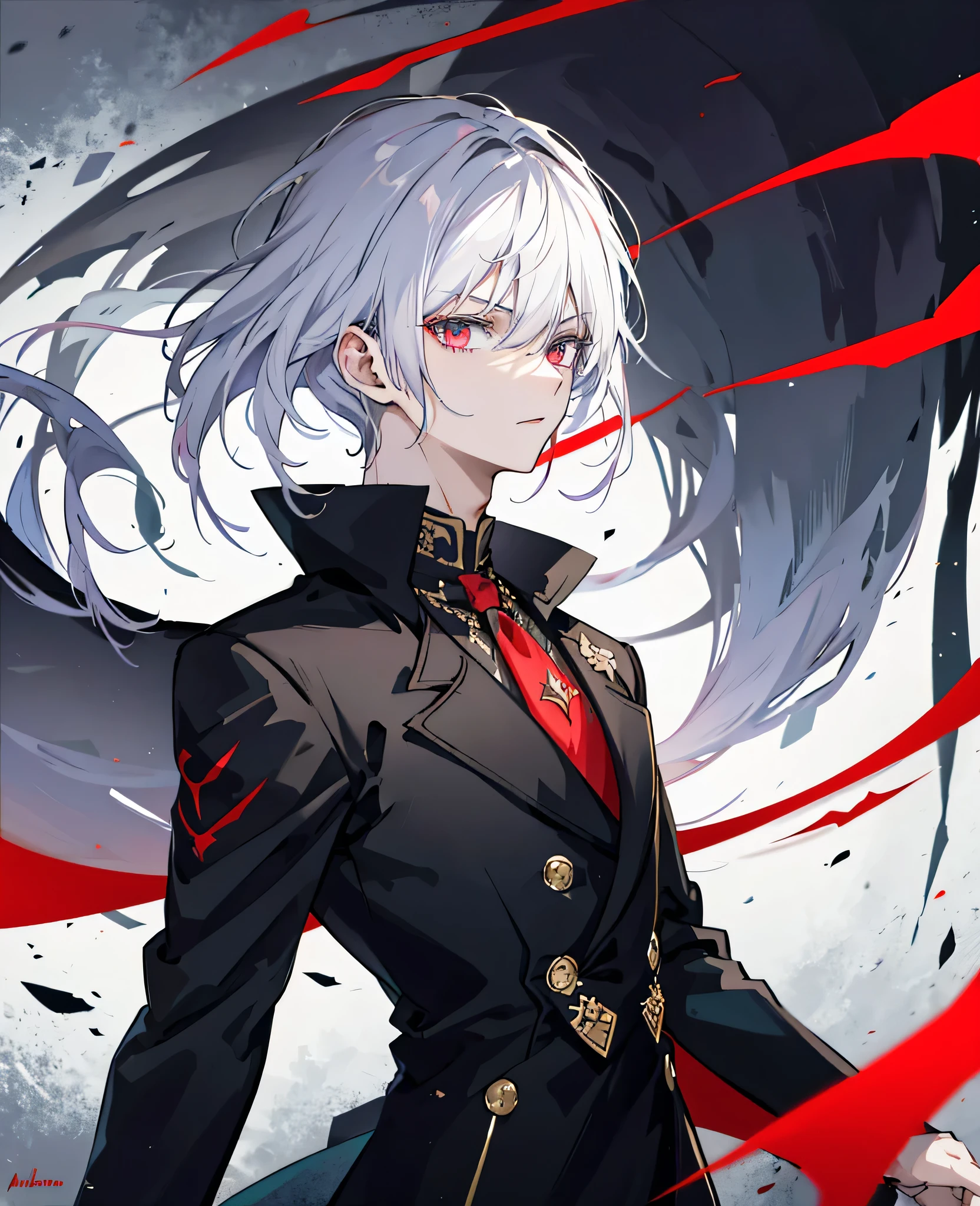 anime style image，Man wearing black suit and red cloak, Handsome guy in the art of slaying demons, Wearing a black noble suit, Inspired by Hiro Yamagata, Exquisite androgynous prince, beautiful androgynous prince, Male anime characters, androgynous vampire, Handsome male vampire, Alucard, author：Yang Jie, steampunk aesthetic,((white hair)),dynamic angle,dynamic pose,prison background,jeil background,