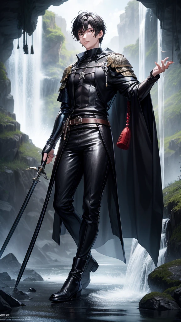 アニメ, 18 year old boy, {Perfect and detailed face},[perfect nose], {Bblack hair}, {[well detailed green eyes]},{asymmetrical eyes}, {visible lips}, {[(full body 5.0)]}, {wearing black medieval leather clothing}, {in a waterfall}

{8k image}, {128k ultra resolution}, {ultra quality 128k}, {128k high quality sharpness}