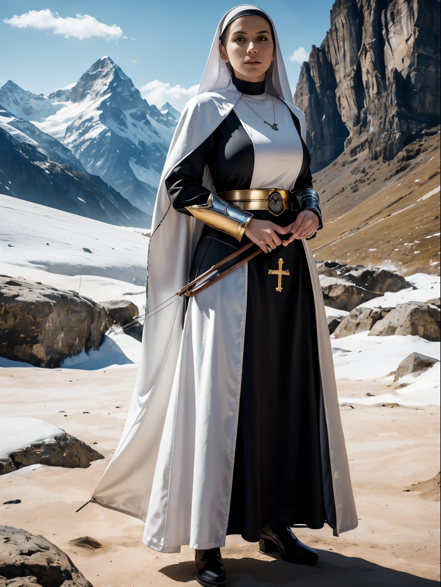 (masterpiece, top quality, best quality, official art, beautiful and aesthetic:1.2), (1girl:1.3), ((Sharp facial features, sharp features, hawkish features)), ((grey eyes)), busty paladin knight girl, extremely detailed, portrait, looking at viewer, solo, (full body:0.6), detailed background, full-body shot, (cold mountain glacier theme:1.1), holy knight, (nun), charlatan, smirk, mysterious, swaying in mountains, armor, polished metal, gold trim, long boots, white fabric, pelvic curtain, robe, pale leather, ((((nun, crossbow, heavy armor, armored, long legs, robes, prayer scrolls, toned, muscular)))), slim waist, slim hips, long legs, medieval (mountain exterior:1.1) background, dark mysterious lighting, shadows, magical atmosphere, dutch angle