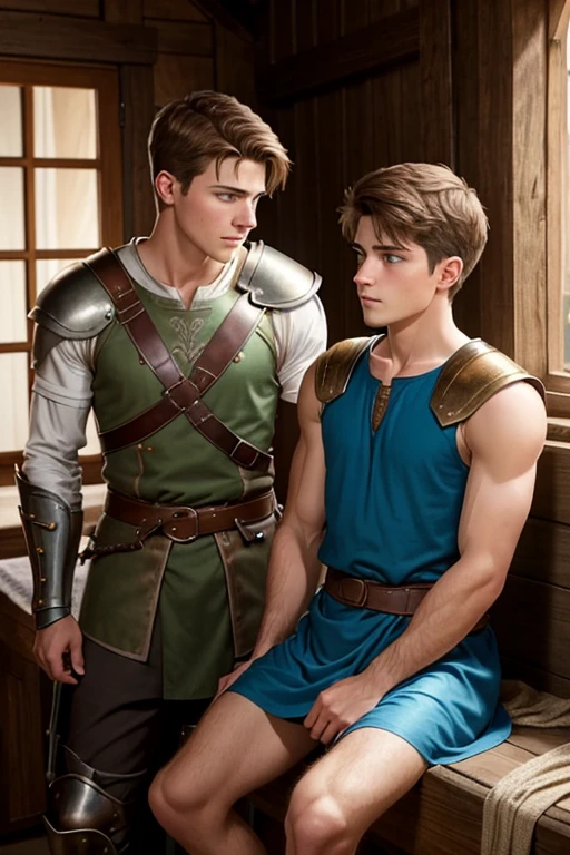 Photo-realistic. A pleased, 16-year-old, handsome, muscular Caucasian man with fade-cut, brown hair, and blue eyes, wearing shabby, sleeveless, leather armor, with metal shoulder guards, boasting, as he tells a dramatic story to a 15-year-old, lean, Caucasian peasant man, with short, brown hair, and blue eyes, in a blue and green tunic, listening in wonder, sitting next to each other on a simple bed, in a rustic inn room, at night.