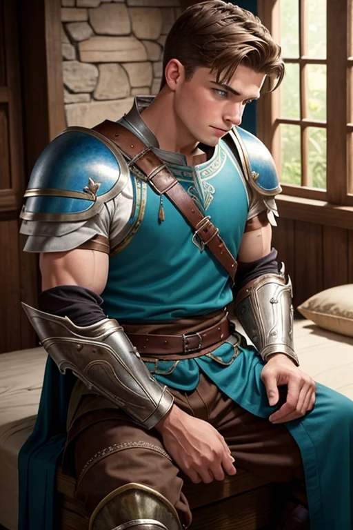 Photo-realistic. A pleased, 16-year-old, handsome, muscular Caucasian man with fade-cut, brown hair, and blue eyes, wearing shabby, sleeveless, leather armor, with metal shoulder guards, boasting, as he tells a dramatic story to a 15-year-old, lean, Caucasian peasant man, with short, brown hair, and blue eyes, in a blue and green tunic, listening in wonder, sitting next to each other on a simple bed, in a rustic inn room, at night.