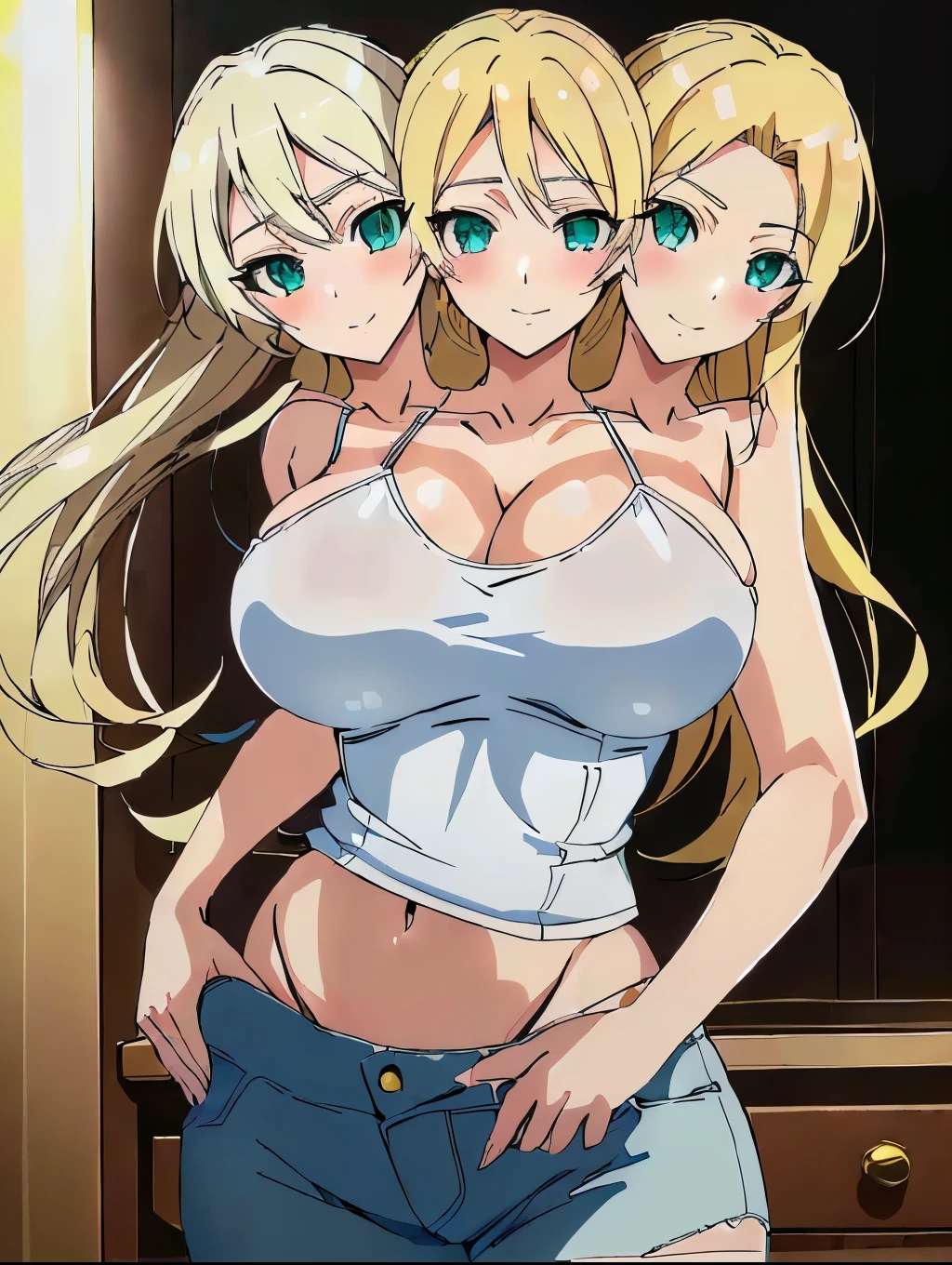 (highest quality, amazing details: 1.25), large breasts, detailed eyes, detailed face, (3heads:1.5), 1girl, anime girl with three heads, ((blonde hair color)), indigo eyes, different eye colors, seductive, sexy woman, beautiful, ((white tank top)), smiling, exposed midriff, denim jeans, gentle smile, anime girl with a white tank top, seductive anime girl, ecchi anime style, anime best girl, oppai, blonde anime girl with long hair, high quality anime art style, high quality anime art, ecchi, , high definition anime art, oppai proportions
