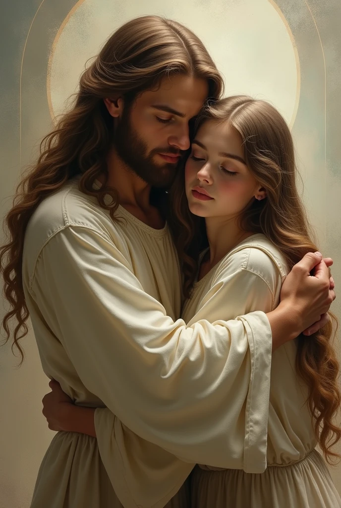 Young woman with long brown hair hugging Jesus Christ