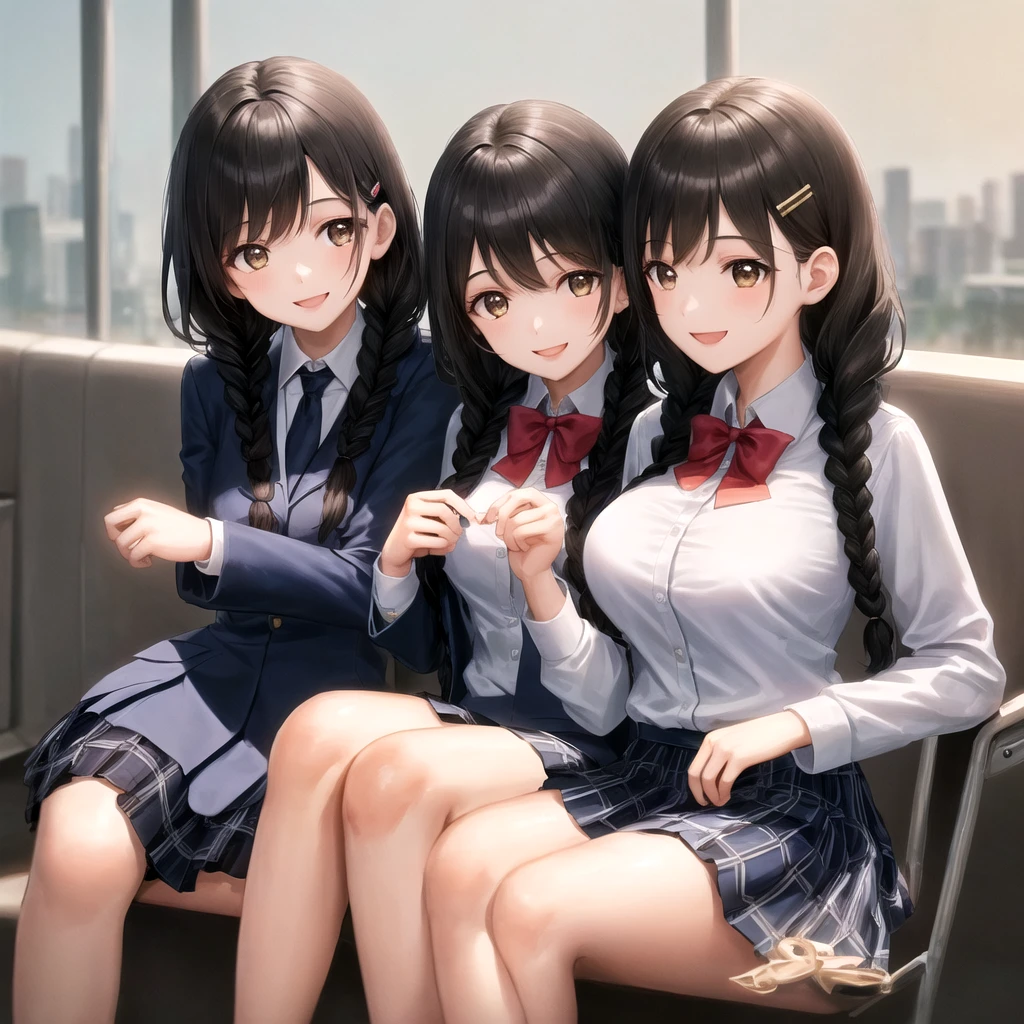 Highest quality, (masterpiece:1.2), Very detailed, Two girls are sitting around the audience, Glossy lips that make you want to kiss them, nice smile, Brown eyes, (((Black Hair))), , Long braids, big shiny hair clip, school uniform, Dark blue and navy checkered skirt, Mid-length skirt, White shirt, A gorgeous navy blazer with a gold emblem on the left chest., Big red ribbon on chest, lipstick、Very shiny hair、Laughter、Bright expression、光がIの顔と髪を輝かせます, Drooping eye corners, Cute braids, I'm so happy I can jump up, The expression of a maiden in love, (((Twin braids))), The skirt is made of a beautiful deep blue check pattern.., Staring with an embarrassed expression, double eyelid, ((Long eyelashes)), ((The knees are covered by the skirt)), Shy and timid girl