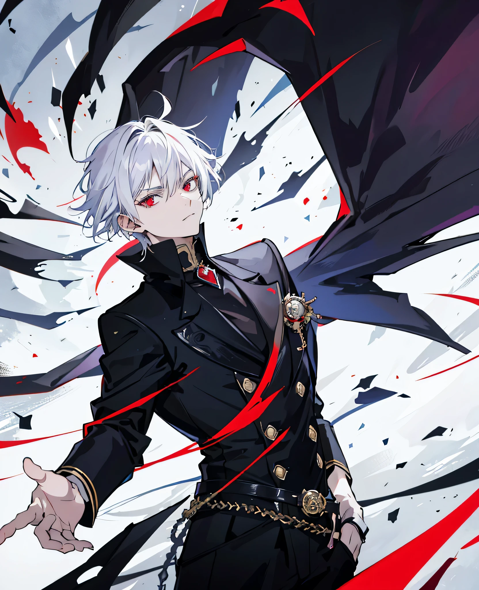 anime style image，Man wearing black suit and red cloak, Handsome guy in the art of slaying demons, Wearing a black noble suit, Inspired by Hiro Yamagata, Exquisite androgynous prince, beautiful androgynous prince, Male anime characters, androgynous vampire, Handsome male vampire, Alucard, author：Yang Jie, steampunk aesthetic,((white hair)),dynamic angle,dynamic pose,prison background,jeil background,