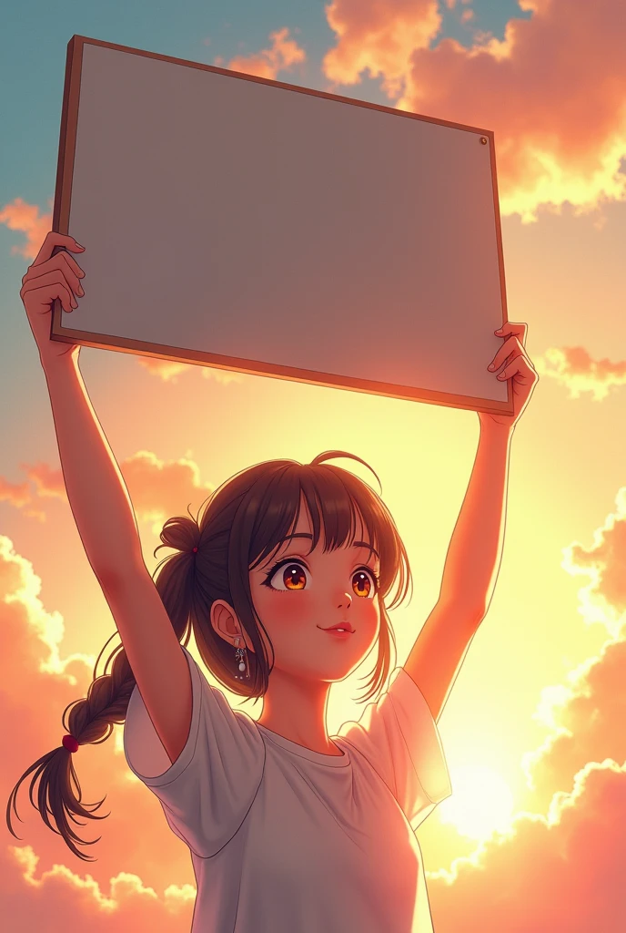woman holding a sign, beautiful, cute, happy, anime illustration, photorealistic, dreaming of being in the spotlight, intricate details, soft lighting, warm colors, highly detailed, masterpiece, 8k, hyper realistic, vibrant colors, elegant, graceful pose, expressive face, dynamic composition, cinematic lighting, ethereal atmosphere