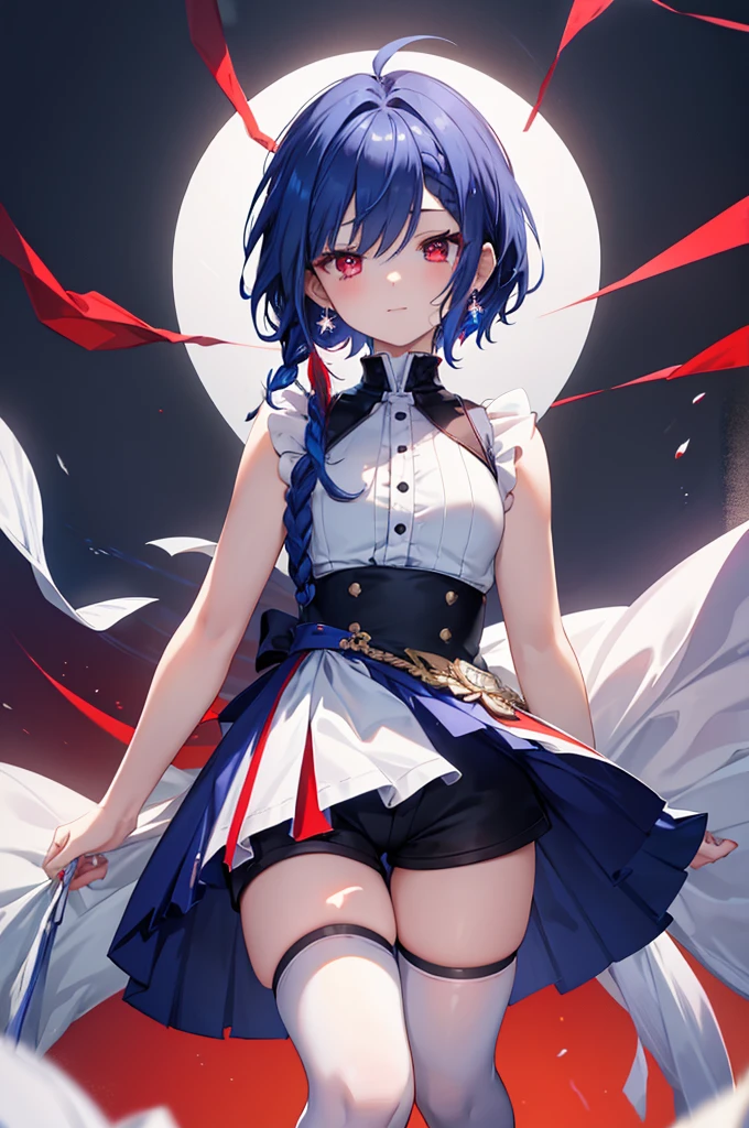 {{masterpiece}}, The best quality of life, 、((short indigo hair、Deep blue hair)Braided Hair) 、 Cute female, 、One woman、(((Crimson Eyes、Red eyes、Red eyes)))、Expressionless adult woman、((White background))、small but well-shaped breasts,、(((Sleeveless with white high neck、Black short hot pants、Knee-high socks)))、smile、Small earrings