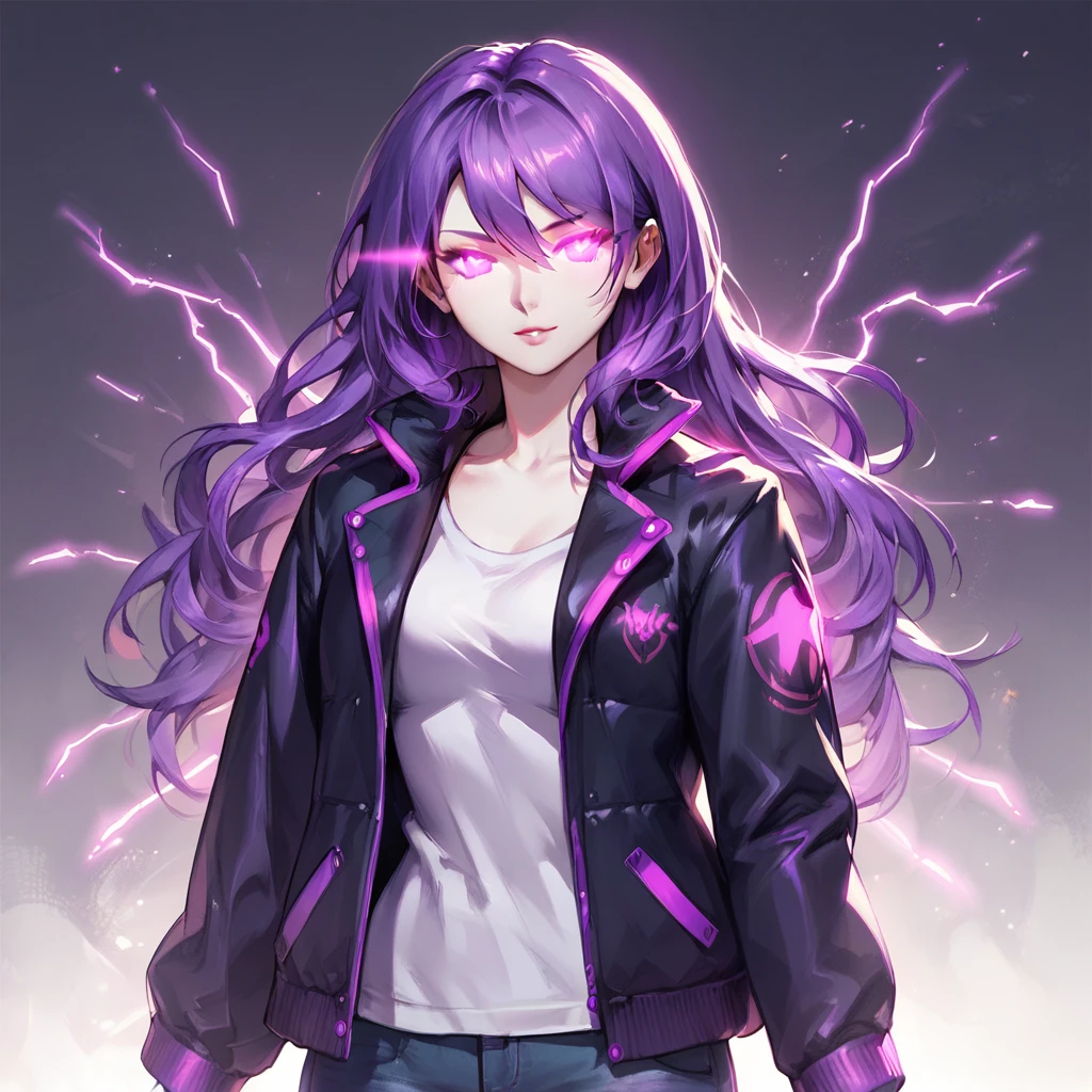 Highly detailed, High Quality, Masterpiece, beautiful, Kafka, purple eyes, jacket, 1girl, solo, mature female, purple eyes, jacket, (Glowing Eyes Meme:1.2), glowing eyes, glowing, epic, 