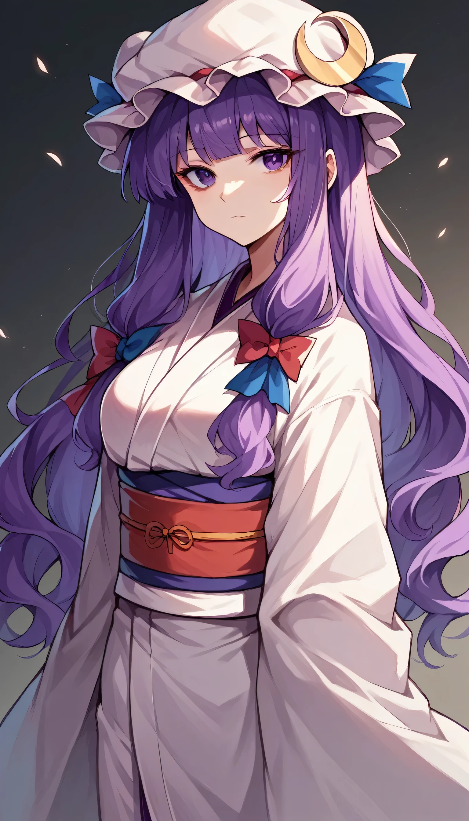 1girl, solo, japanese clothes, sash, kimono, bangs, looking at viewer, obi, gradient,patchouli knowledge, 1girl, solo, purple hair, purple eyes, long hair, mob cap, crescent hat ornament, mob cap,