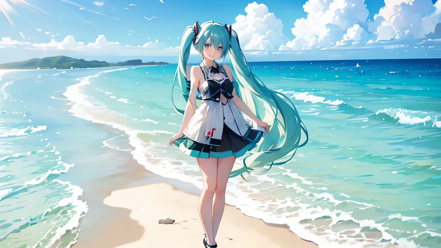 Hatsune Miku smiling and standing on the summer beach