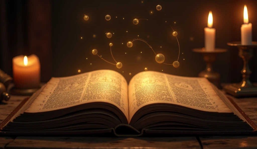 An ancient, weathered book on a table, glowing softly, with zodiac symbols and planetary alignments subtly emerging from its pages. The room is dimly lit, with candles flickering, creating an atmosphere of ancient wisdom and revelation. -ar 16:9