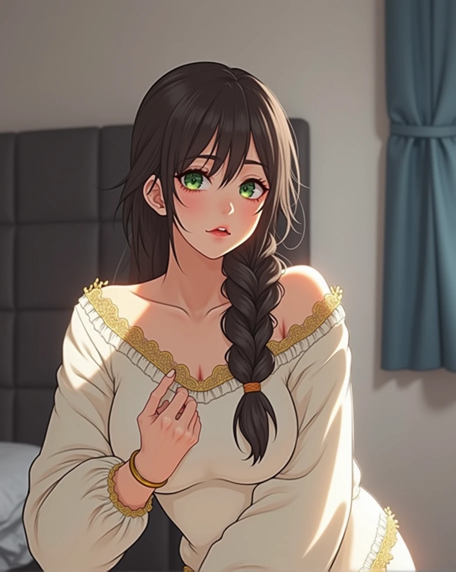 masterpiece, (photorealistic: 1.4), best quality, fantasi, 1girl, green eyes, (narrow waist: 1.2), (gigantic breasts: 1.2), (armpits), (sweaty), upper body, white sweater, golden lace trim, bracelet, very long dark brown hair, braid, veins, dominatrix, detailed, intricate, RAW photo, 8k uhd xxx