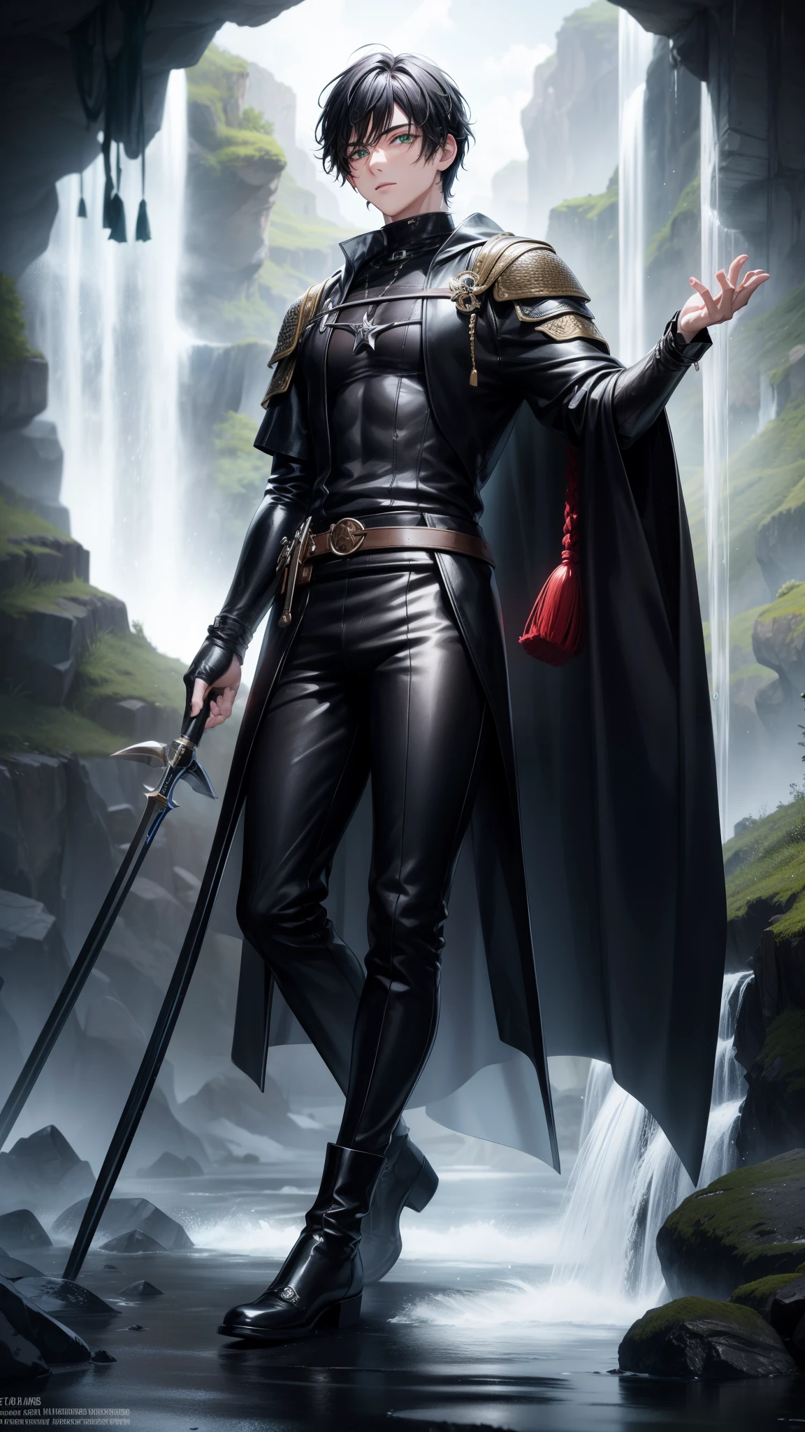 アニメ, 18 year old boy, {Perfect and detailed face},[perfect nose], {Bblack hair}, {[well detailed green eyes]},{asymmetrical eyes}, {visible lips}, {[(full body 5.0)]}, {wearing black medieval leather clothing}, {in a waterfall}

{8k image}, {128k ultra resolution}, {ultra quality 128k}, {128k high quality sharpness}