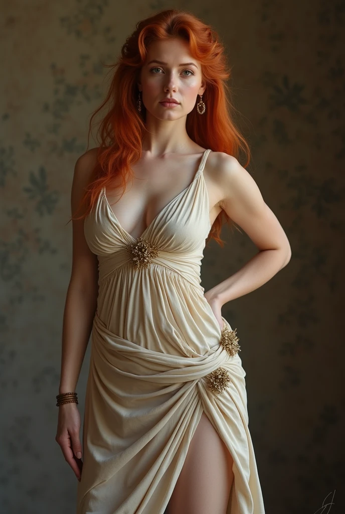 big and sexy redhead woman in ancient greek dress, with generous shapes, vulgar and partly naked