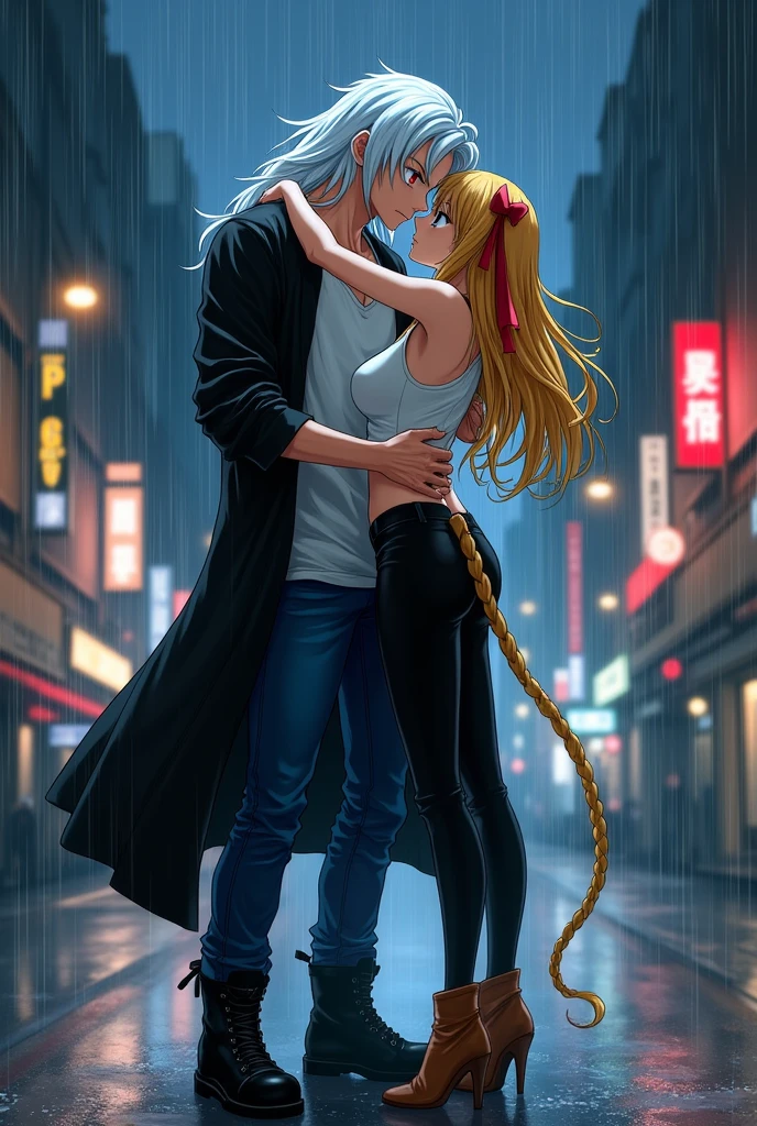 man,long straight white hair,Red eyes,semi muscular,White T-shirt,long black jacket,dark blue jean pants,black boots,white monkey tail,next to a woman with a seductive body,long yellow hair tied with a red ribbon,sky blue eyes,white short sleeveless shirt,black pants stuck to his legs,brown boots kissing passionately in a city in Japan at night in the rain(dragon ball style)
