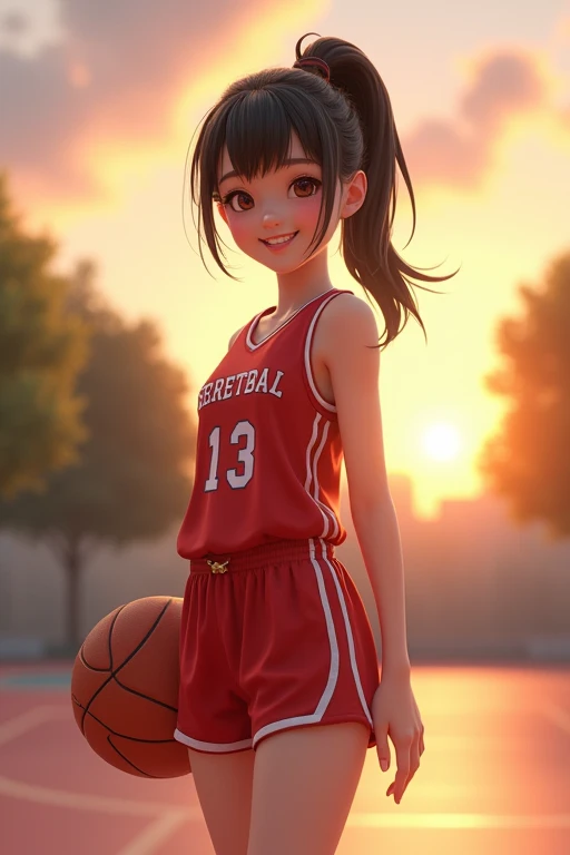 masterpiece, best quality, official art, extremely detailed CG unity 8k wallpaper, ultra high res, ultra detailed, realistic, (photorealistic:1.4), 1girl, solo, (full body:1.2), young, slim, basketball uniform, (shirtlift:1.2), shorts, ponytail, smile, teeth, grin, medium breasts, detailed breast, ((puffy eyes)), (aegyo sal:1), beautiful, realistic skin, basketball court, sun, trees, detailed facial features, detailed clothes features, depth of field, professional lighting, physically-based rendering,