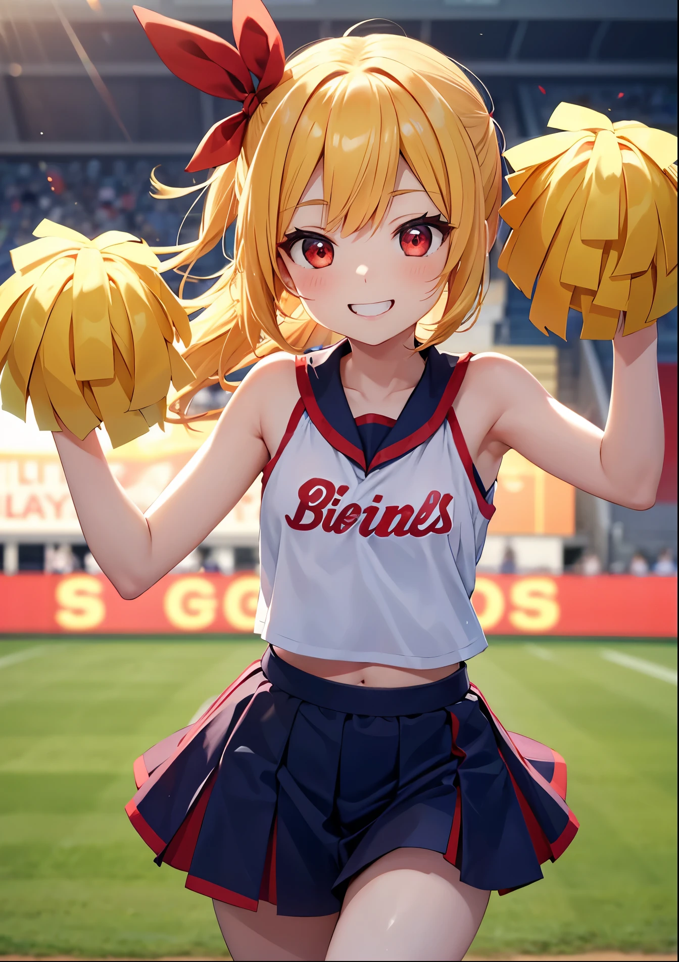 One girl, smiling, big mouth smile, droopy eyes, cheerful expression, big eyes, blond twin-tail hair, red ribbon, small breasts, cheerleader, cheering for baseball, holding a bonbon, five fingers, both hands, quality fingers, focus on face, front view, red eyes, no shadow on background, high quality, no shadow on background, high quality