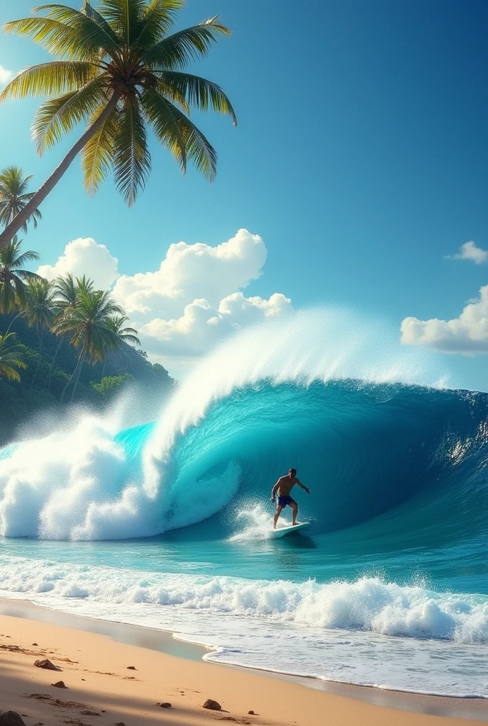giant waves with tube on a paradisiacal sandy beach with palm trees and Kelly Slater riding