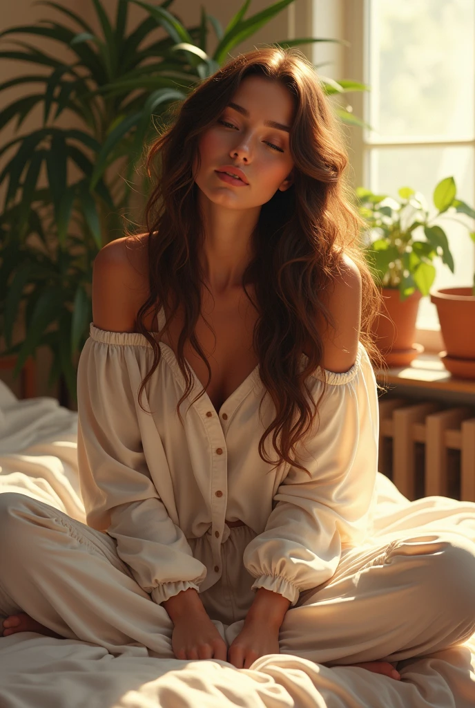 (photorealism:1.2), beautiful woman, sitting on bed, wearing loose off-shoulder top, pajama pants, long curly hair, indoors, soft lighting, plants in background, window with sunlight, cozy room, relaxed pose, realistic, intricate details, warm colors, by Greg Rutkowski, by Alphonse Mucha