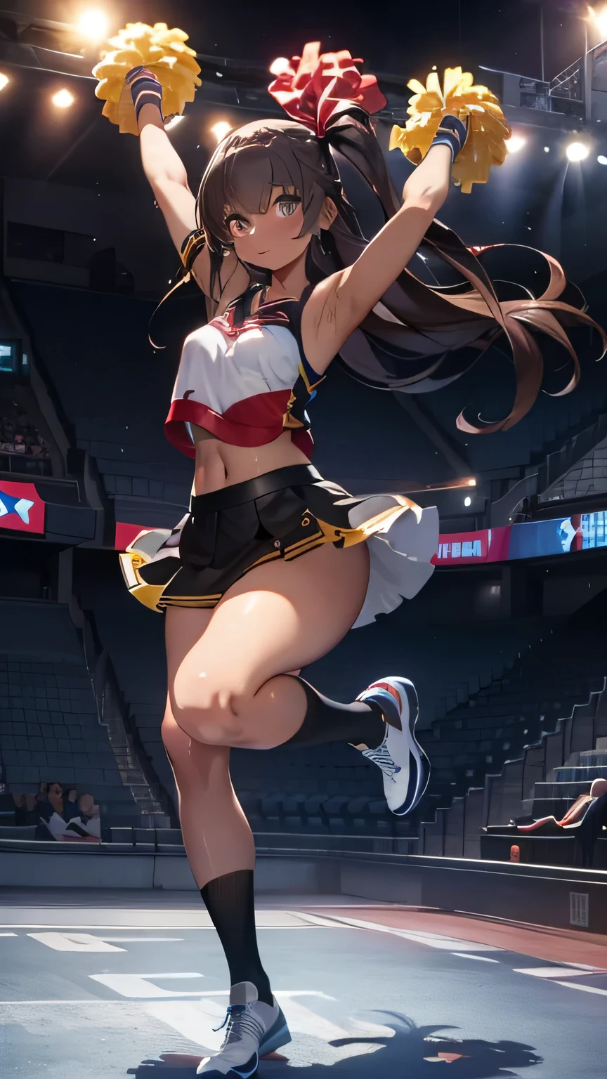 (Very detailed CG Unity 8k 壁紙),(masterpiece), (Highest quality), (Very detailed), (Best illustrations),(Best Shadow), Large Breasts、1 girl, Cheerleader、Cute Cheerleading Costumes、cheer mini skirt、Raise your feet and dance energetically、Stadium、A large audience