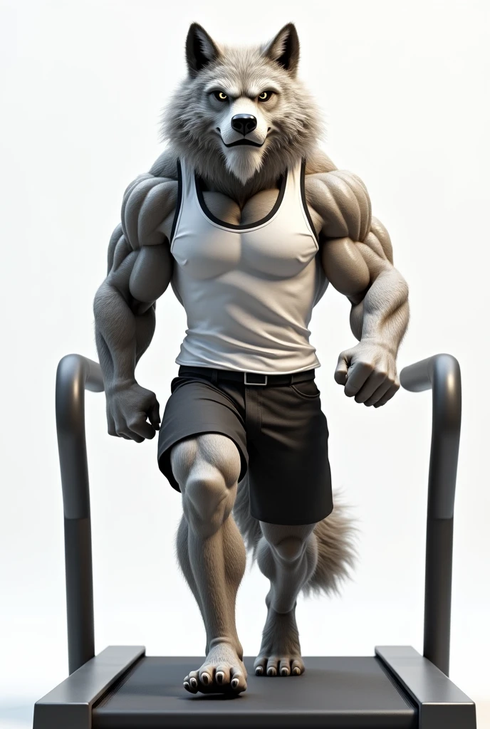 muscular velues as the king on the treadmil, normal expression, sheen, velues, an anthropo (Light gray wolf), one year, a muscular old man, facial hair, extremely detailed muscle, detailed Face, Face, detailed eyeballs, eyeballs, Pose dinânica, detailed muscle, realistic rendering, CG realistic, realistic 3D, fot, fund, White tank top