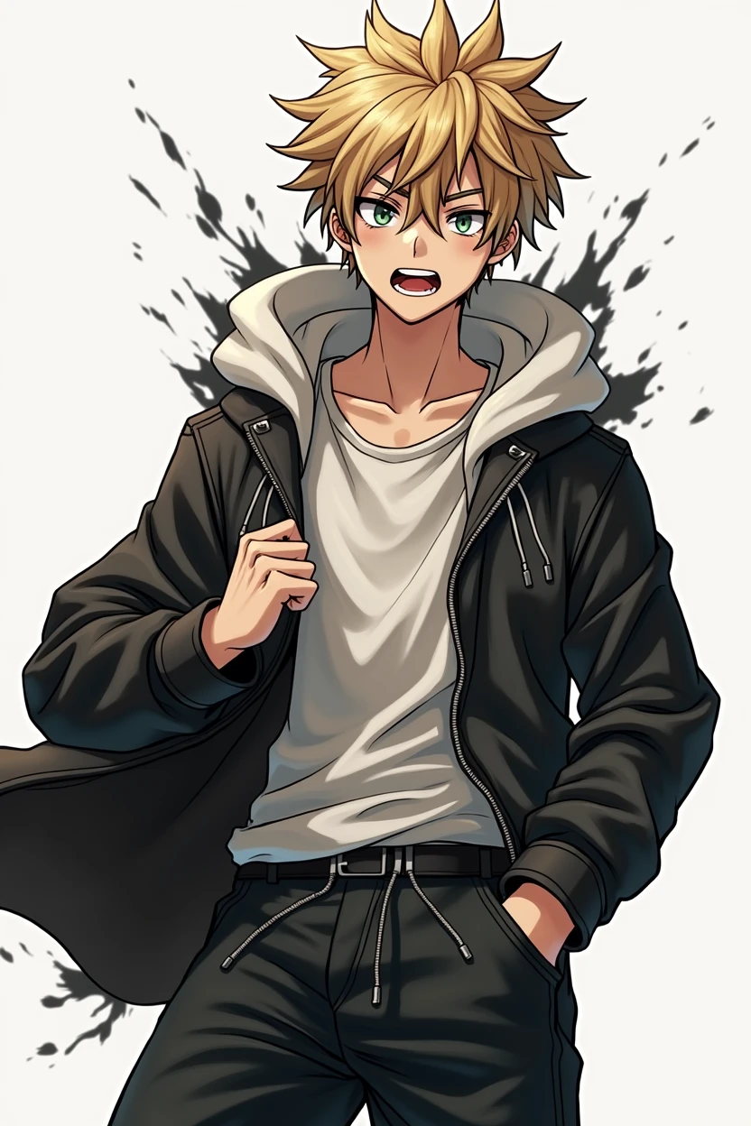 character, masculine, adolescent, black and white, eyes without pupils, shirtless, athletic body, manga style, black aura coming out of his entire body, angry face, intimidating, anime, 4k, White background