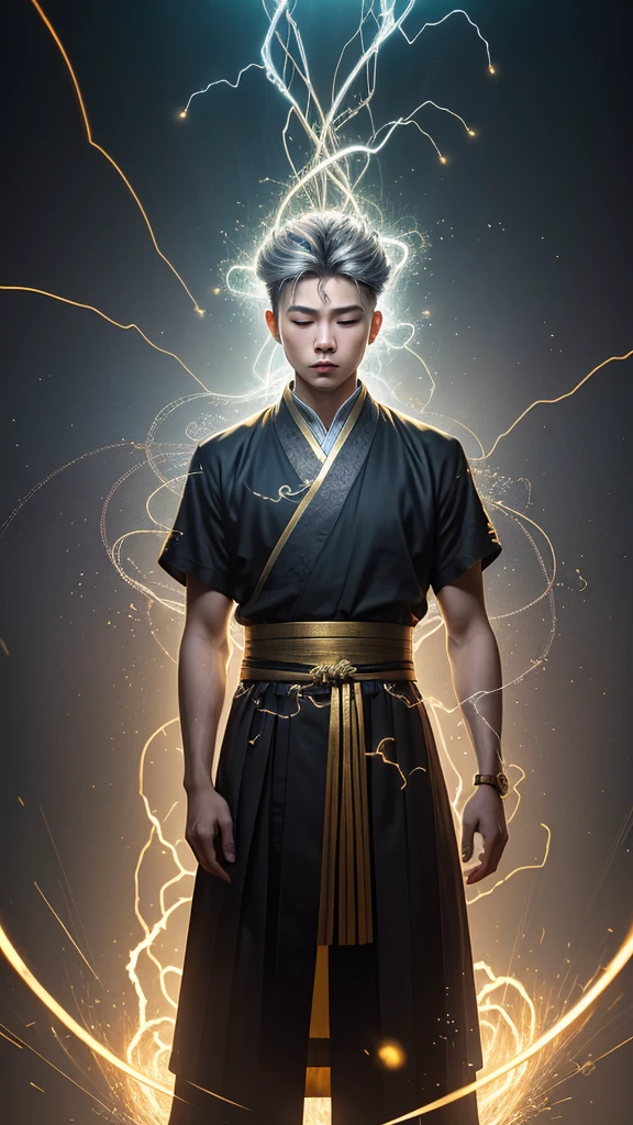 Best quality,masterpiece,ultra high res,solo,1boy, handsome boy ,roujinzhi,Chinese Zen style,impactful picture,translucent and glowing metallic patterns,(glowing metal objects hovering in the air and surrounding him:1.2),(Electric arcs and sparks:1.2),(flow of energy:1.2),(translucent magnetic lines:1.2),(golden silver grey and shimmering light effects:1.2),