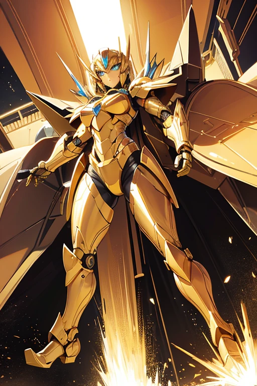 golden armor robot, flying with jet engines. nice body
