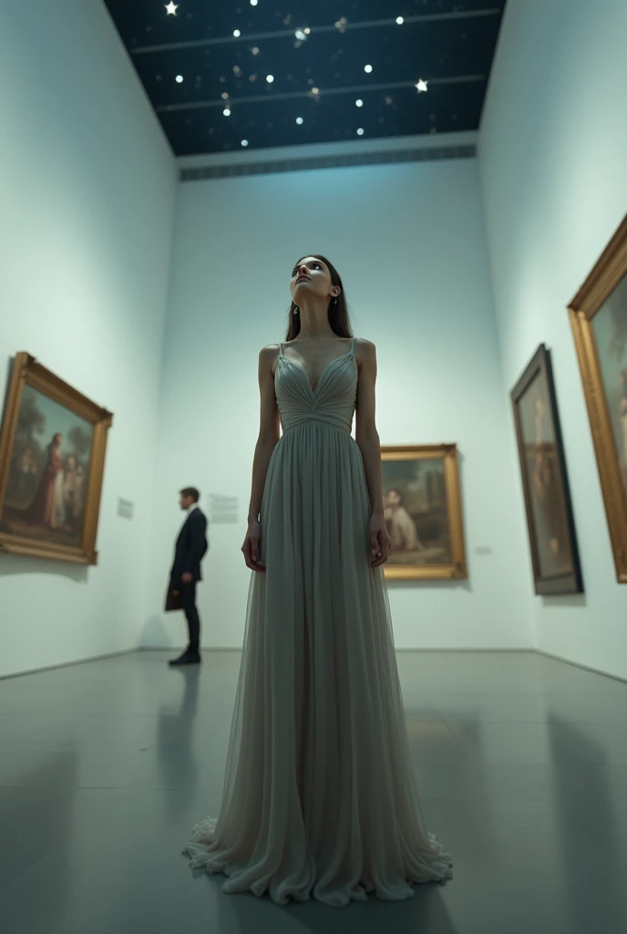 Image for a book of a woman looking at the stars from an art gallery with the shadow of a man behind her