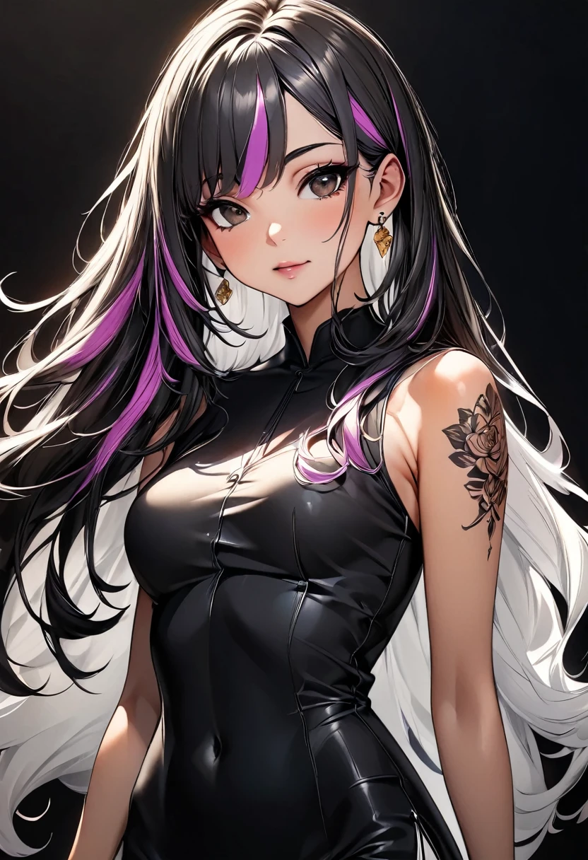 (highest quality:1.2, Very detailed, up to date, Vibrant, Ultra-high resolution, High Contrast, masterpiece:1.2, highest quality, Best aesthetics), Portraiture、girl、((25-years-old:1)), long hair、black and purple ((streaked hair:1.6)), highlights hair: 1.5, brown eyes, gold earrings, ((slim body:1.4)), (small breast:0.7), (dark skin:0.7)), black Cheongsam, Beautiful fine details、Bright colors、Beautiful lip detail, standing, (Floral Fineline tattoo design on left arm:1), ((Plain black background:1.6)), lineart, ((monochrome:1.7)), (cowboy shot), clean line drawings,