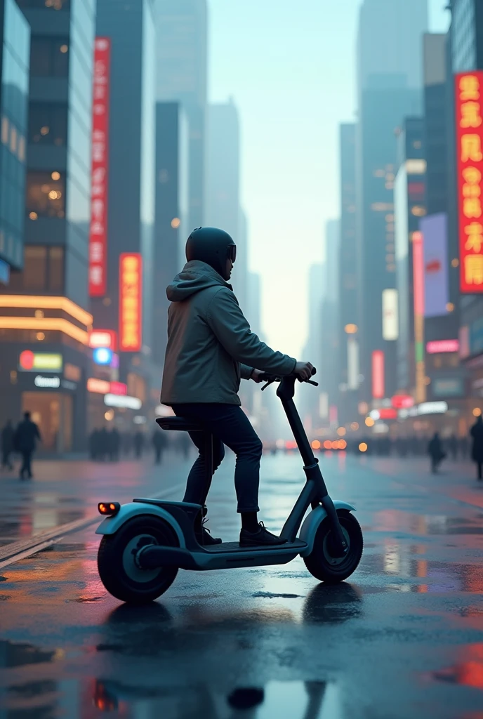 generates a photo of an electric scooter in a futuristic city


