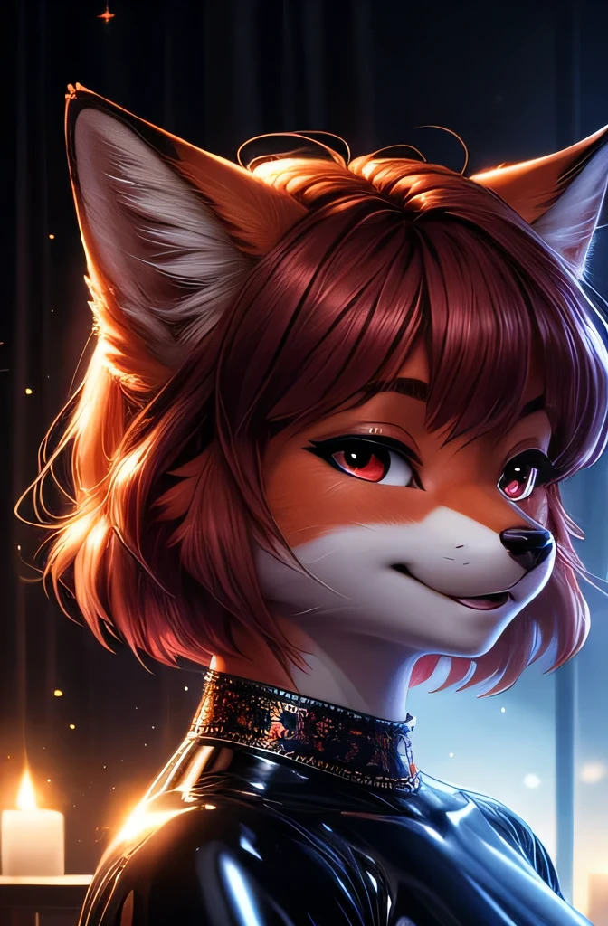 ASCIIrealistic, masterpiece, (three quarter front) view, over the shoulder, above shot, cute (female (anthro ((reddish pink) fox))), detailed and extremely fluffy body fur, glossy fur, red eyes, round chest, standing in a dimly-light room ((short messy copper hair, short bangs, long bob hairstyle)), (80s inspired puffy sleeved latex dress), half-closed eyes, closed mouth, cheeky seductive expression, uploaded on e621, (by Hasui Kawase:0.5), by Barbara Takenaga, by Affandi, by Beatrice Ethel Lithiby, by Catcouch, FurryCore, nighttime, intricately detailed 80s retro bedroom, colored magical lights, dim lighting, blue neons, round headlights casting bright neon light throughout the room, lavish decorated bed, 80s music aesthetic, emitting otherworldly glow that defies the laws of natural light, detailed, realistic, 8k uhd, high quality, high quality photography, 3 point lighting, flash with softbox, 4k, Canon EOS R3, hdr, smooth, sharp focus, high resolution, award winning photo, 80mm, f2.8, bokeh, cinematic composition, cinematic lighting,highly detailed, masterpiece, best quality, realistic, (intricate:0.9), (high detail:1.4), film photography, sharp focus,